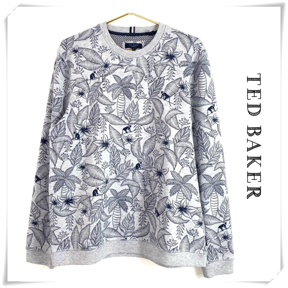Ted Baker London Hawaiian Tropical Flower Monkey Pullover Sweatshirt Gray Sz XL